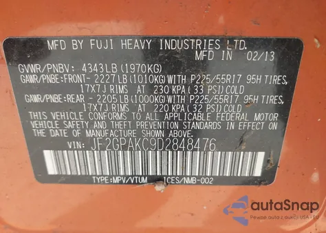 2013 Subaru Xv Crosstrek 2.0I Limited z USA, uszkodzony, nr VIN JF2GPAKC9D2848476